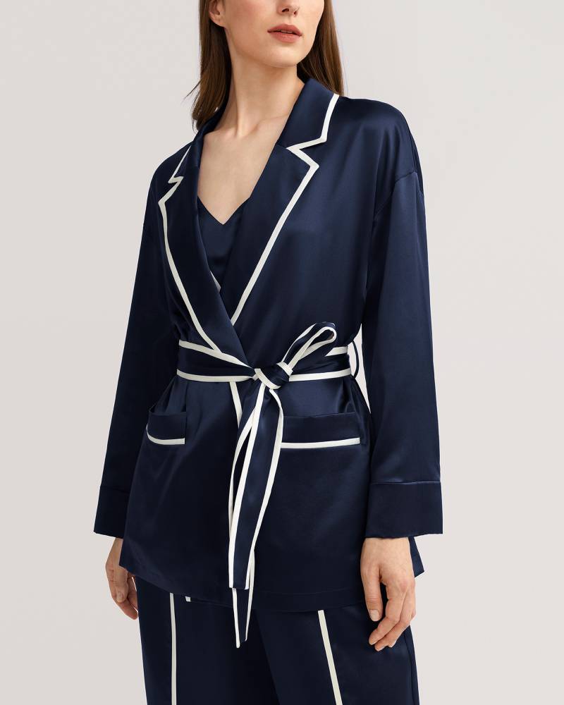 LILYSILK Morgenmantel Seide Damen Dunkelblau & Elfenbeinverkleidung DE Charmeuse Seide Stilvoll Und Ordentlich Leicht Und Atmungsaktiv M