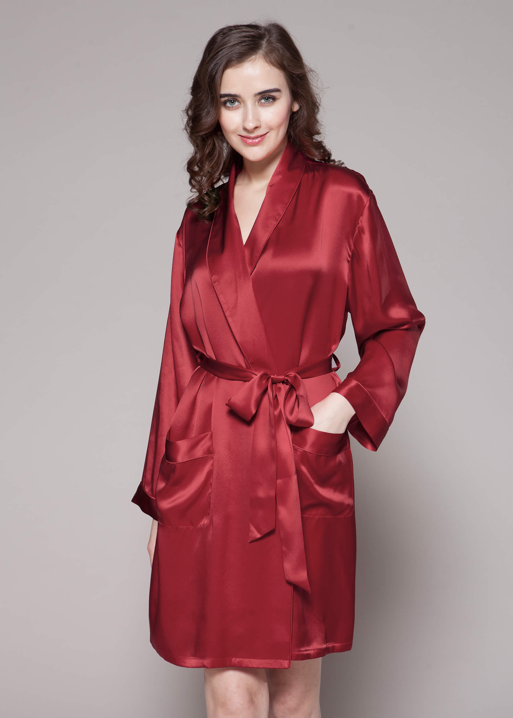 LILYSILK Morgenmantel Seide Damen Rotwein Charmeuse Seide 2 Fronttaschen Atmungsaktiv Superleicht XL