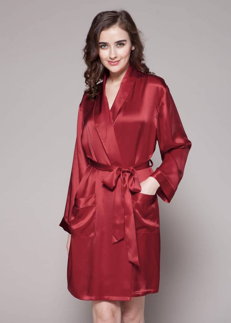 LILYSILK Morgenmantel Seide Damen Rotwein Charmeuse Seide 2 Fronttaschen Atmungsaktiv Superleicht XL