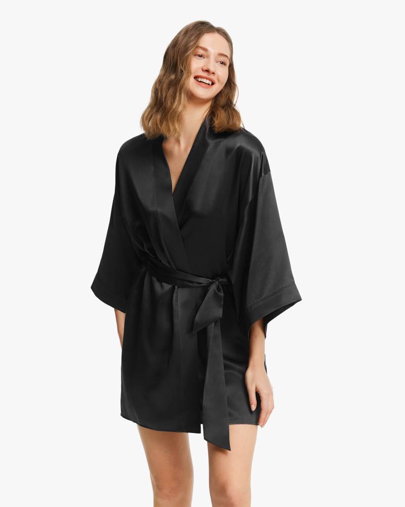 LILYSILK Morgenmantel Seide Damen Schwarz DE Charmeuse Seide Leicht Fallende Schulter Atmungsaktiv Superleicht L