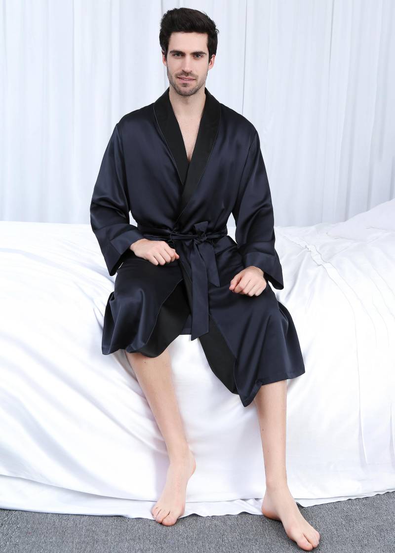 LILYSILK Morgenmantel Seide Herren Dunkel Blau 100% Seide Lange Ärmel Mit Manschetten Schlicht Und Leicht M