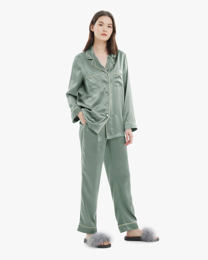 LILYSILK Pyjama Damen Seide Avocadogrün DE 100% Maulbeerseide Außergewöhnlich Weich Schlicht Und Leicht L
