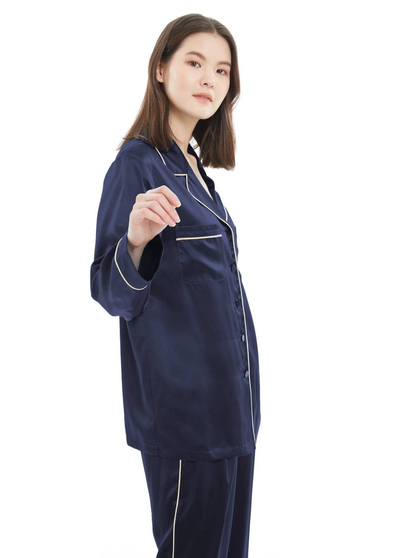LILYSILK Pyjama Damen Seide Dunkel Blau DE 100% Reine Seide Zweiteiliges Pyjama-Set Aus Seide Leicht Und Atmungsaktiv M