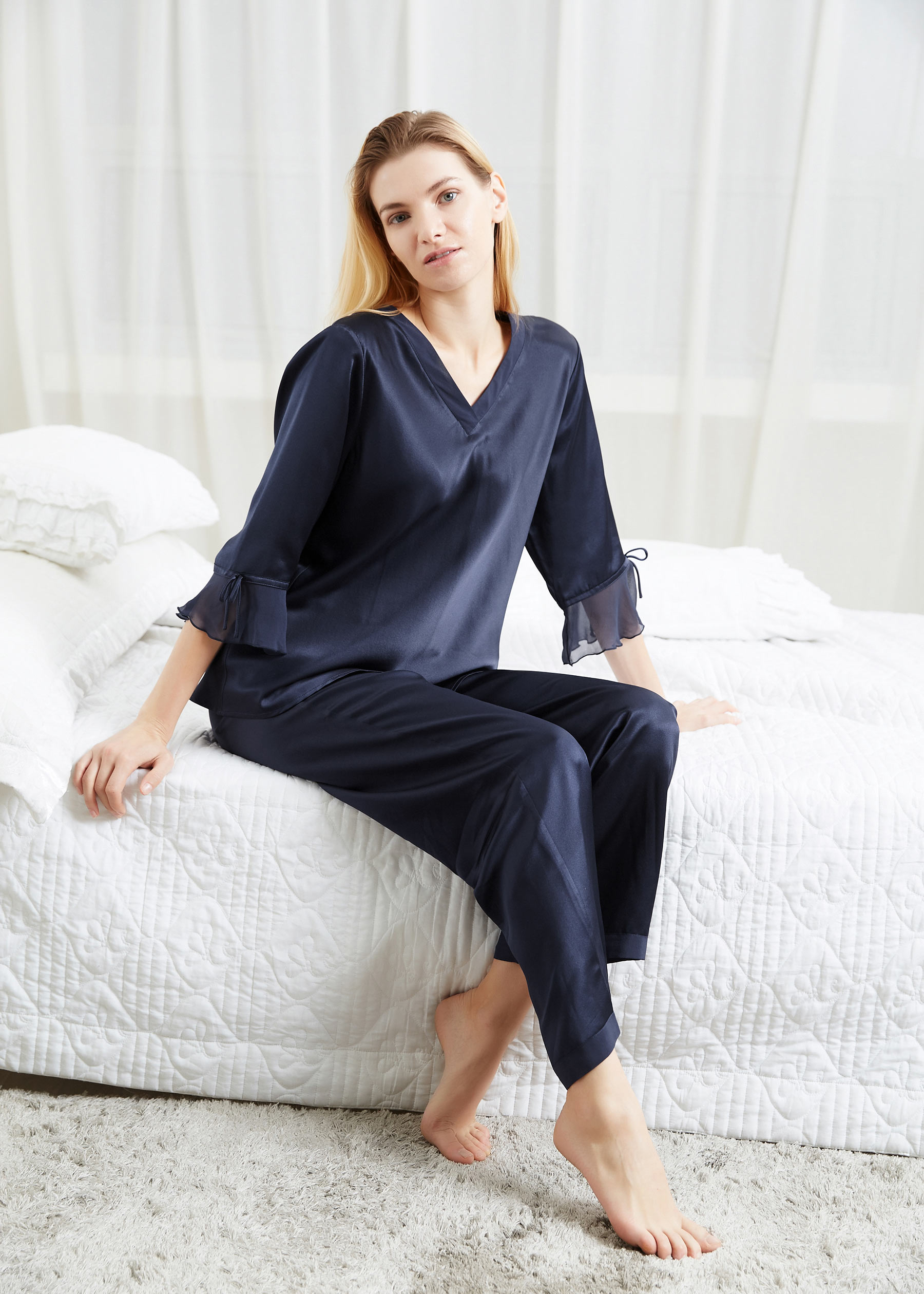 LILYSILK Pyjama Damen Seide Dunkel Blau DE Passende Hose Mit Langem Und Breitem Bein Und Kordelzug Leicht Und Weich L