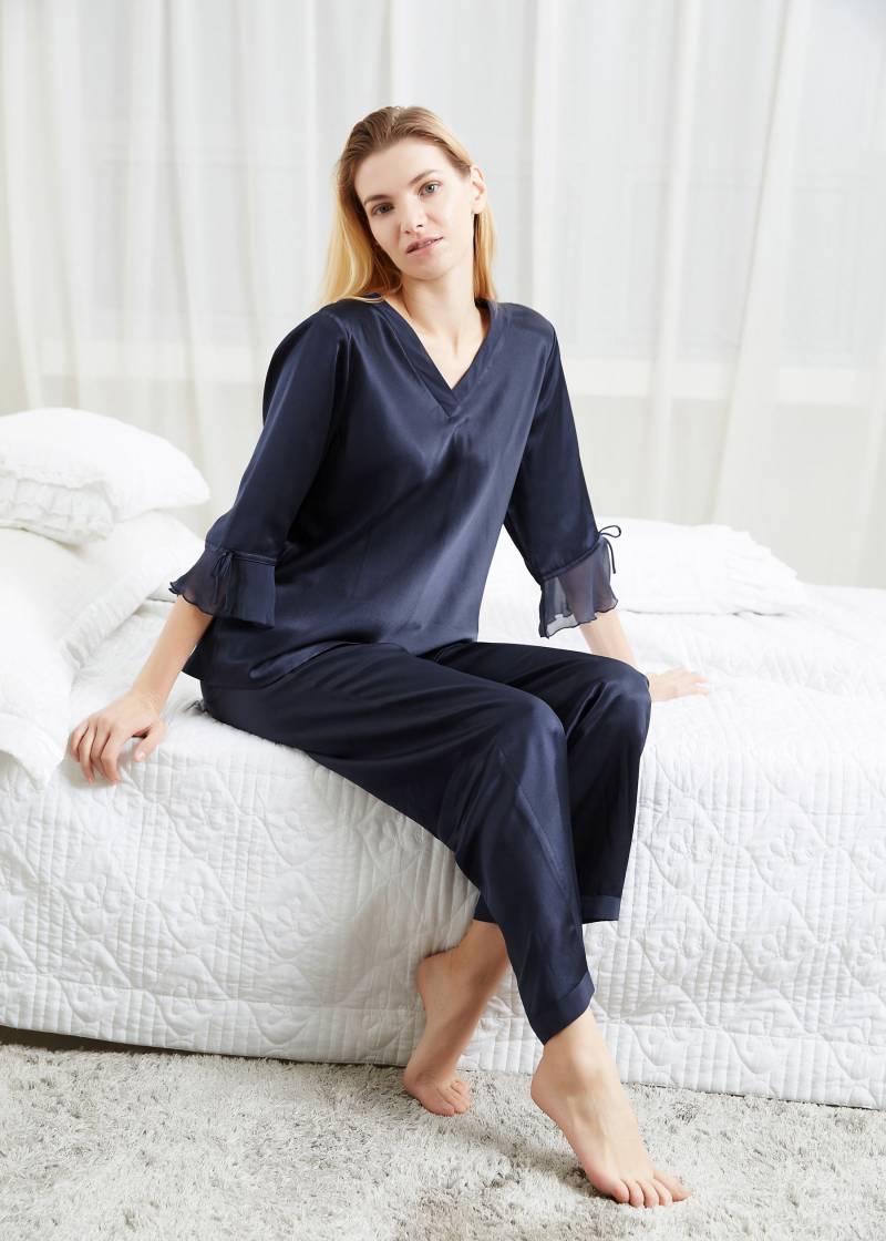 LILYSILK Pyjama Damen Seide Dunkel Blau DE Passende Hose Mit Langem Und Breitem Bein Und Kordelzug Leicht Und Weich L
