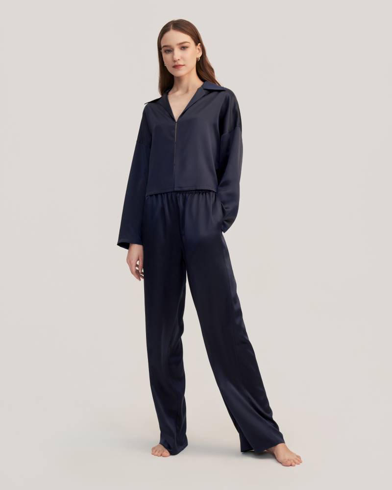 LILYSILK Pyjama Damen Seide Dunkel Blau Deutschland 100% Seide Klasse 6A Mit Einer Lockeren Passform Leicht Und Atmungsaktiv XS
