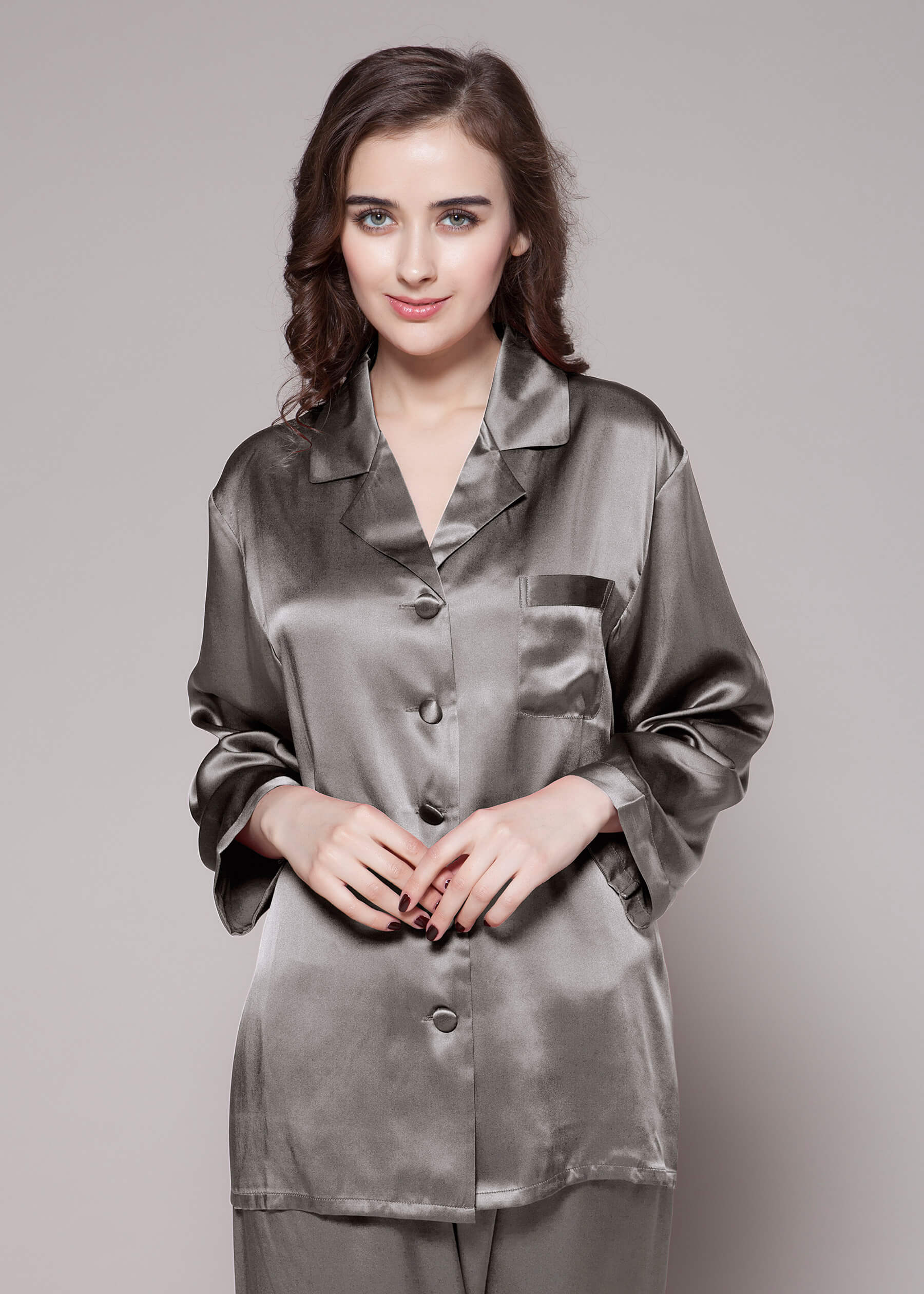 LILYSILK Pyjama Damen Seide Dunkel Grau Deutschland 100% Seide Klasse 6A Mit Seide Umwickelte Knöpfe Schlicht Und Leicht XS