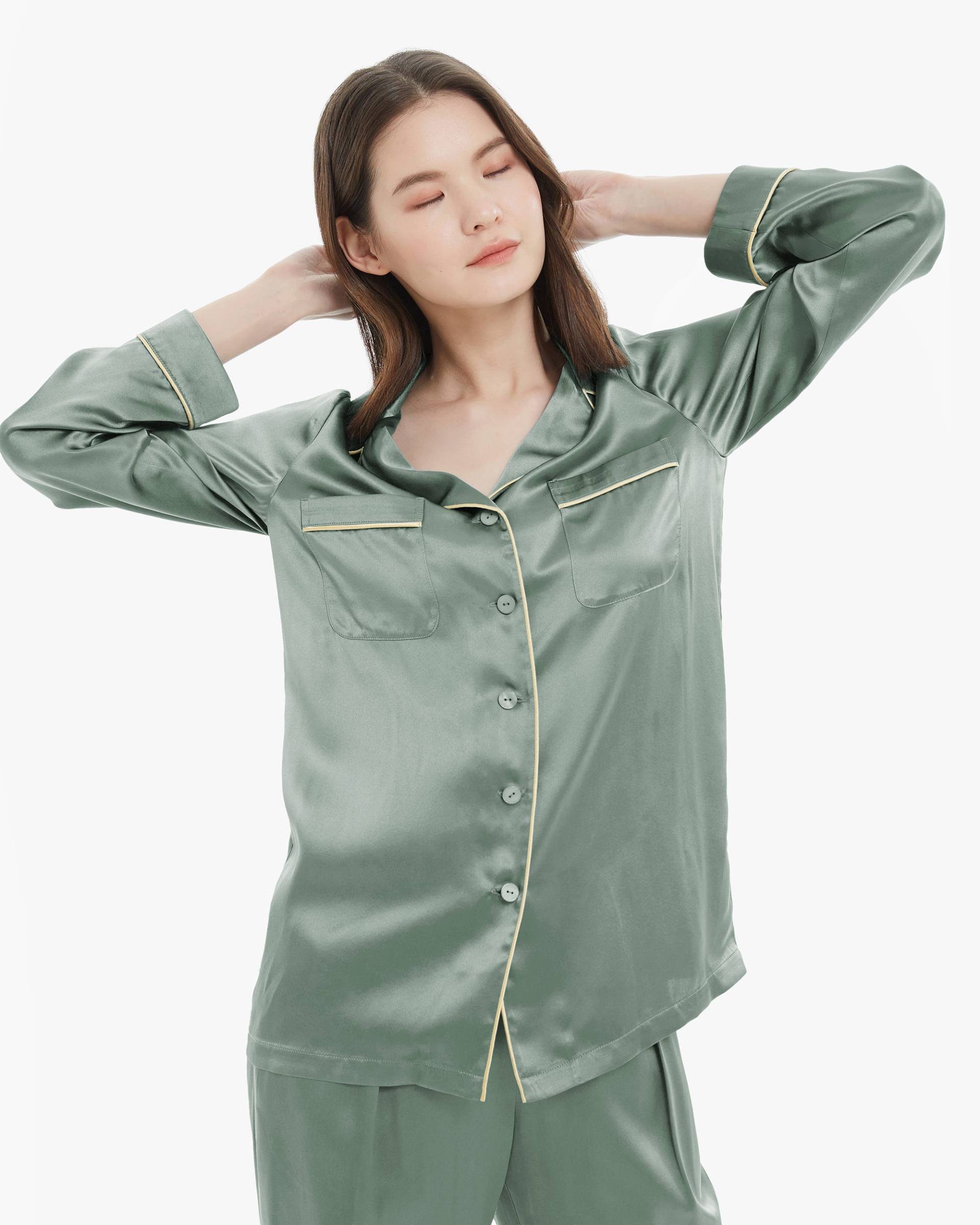 LILYSILK Pyjama Seide Damen Avocadogrün Deutschland 100% Grade 6A Maulbeerseide Hochwertiger Seide Gefertigt Leicht Und Weich M