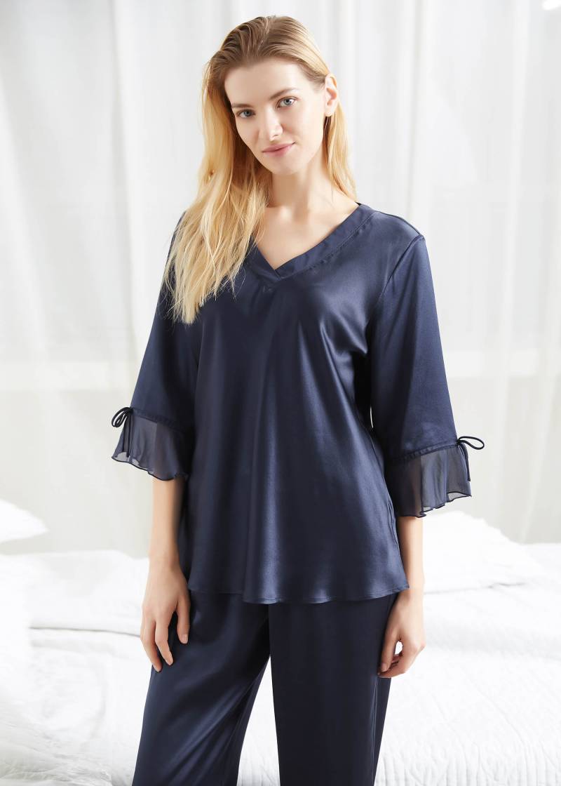 LILYSILK Pyjama Seide Damen Dunkel Blau Deutschland 100% Seide 3/4 Ärmel Mit Spitzenbesatz Leicht Und Atmungsaktiv XL