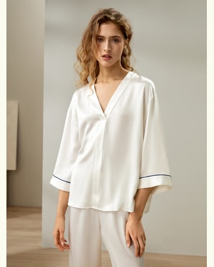 LILYSILK Pyjama Seide Damen Natürliches Weiß DE Gemütlich Und Warm Lockere Passform V-Ausschnitt Weiche Und Bequeme XL