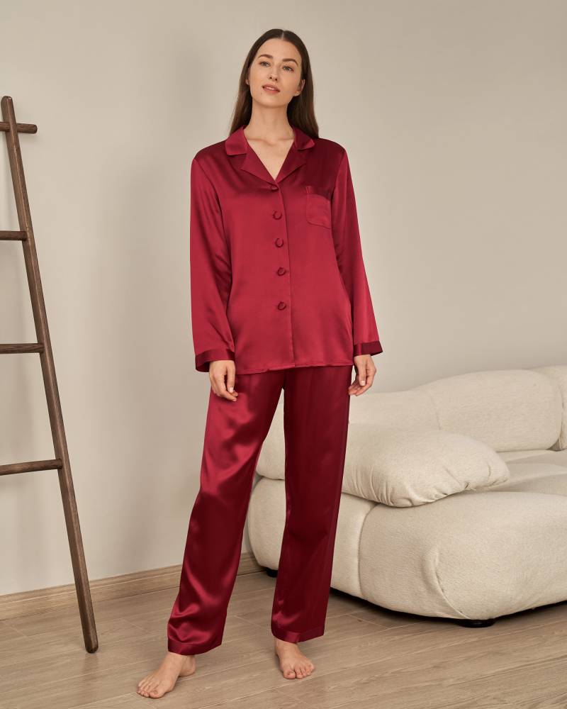LILYSILK Pyjama Seide Damen Rotwein Deutschland 100% Seide Mit Kn?pfbaren Hautfreundlich Und Atmungsaktiv XL