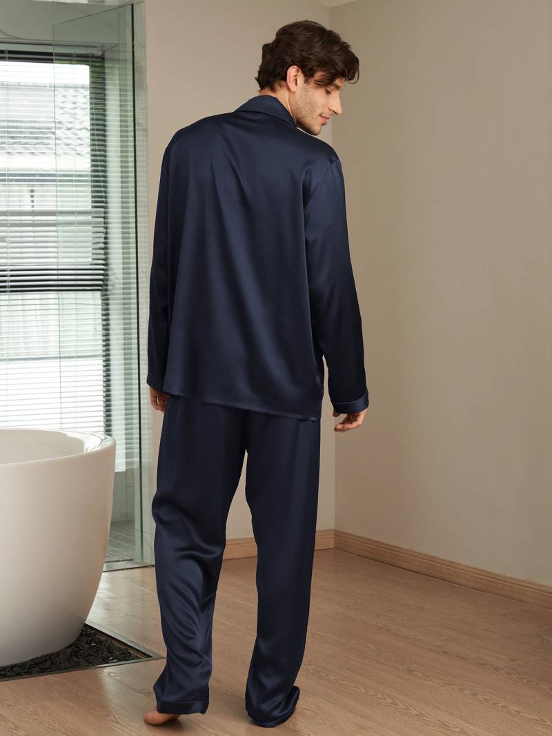 LILYSILK Pyjama Seide Herren Dunkel Blau Deutschland 100% Seide Lange Ärmel Weich Und Gemütlich XS