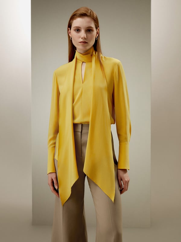 LILYSILK Seide Hemd Damen Ingwer Gelb DE Seide Crêpe De Chine Hoher Kragen Zum Binden Langarmbluse XS