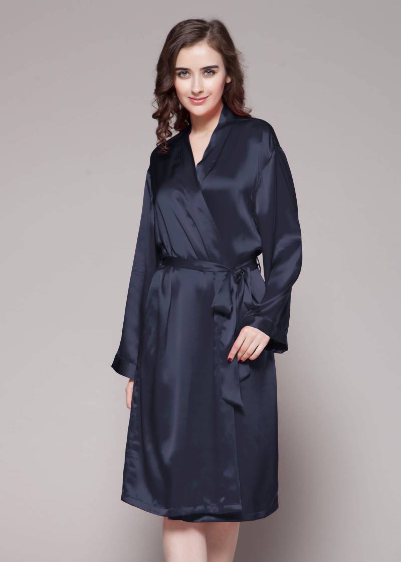 LILYSILK Seide Morgenmantel Damen Dunkel Blau DE 100% Reine Seide Normale Passform Leicht Und Weich L
