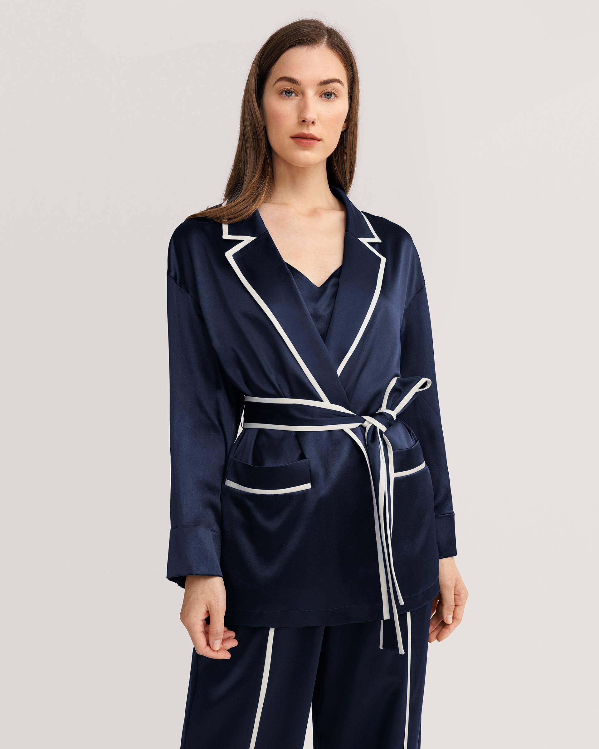 LILYSILK Seide Morgenmantel Damen Dunkelblau & Elfenbeinverkleidung Deutschland 100% Reine Seide Frische Design Leicht Und Weich L