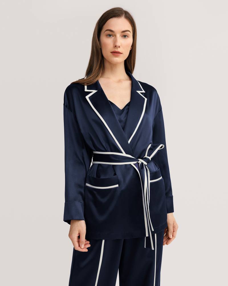 LILYSILK Seide Morgenmantel Damen Dunkelblau & Elfenbeinverkleidung Deutschland 100% Reine Seide Frische Design Leicht Und Weich L