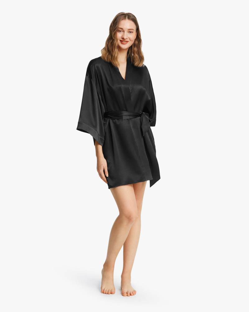 LILYSILK Seide Morgenmantel Damen Schwarz 100% Seide Passender Gürtel Weich Und Gemütlich S