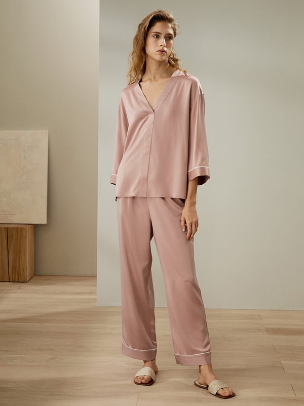 LILYSILK Seide Pyjama Damen Abendsand Deutschland 22 Momme Seidenwildleder Lockere Passform V-Ausschnitt Dreiviertel?rmel XS