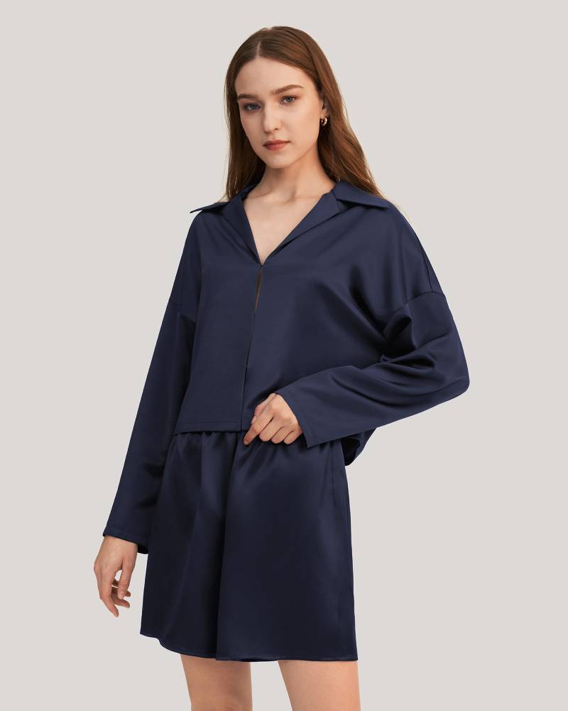 LILYSILK Seide Pyjama Damen Dunkel Blau Deutschland 100% Reine Seide Perfekte Cool-Girl Leicht Und Weich L