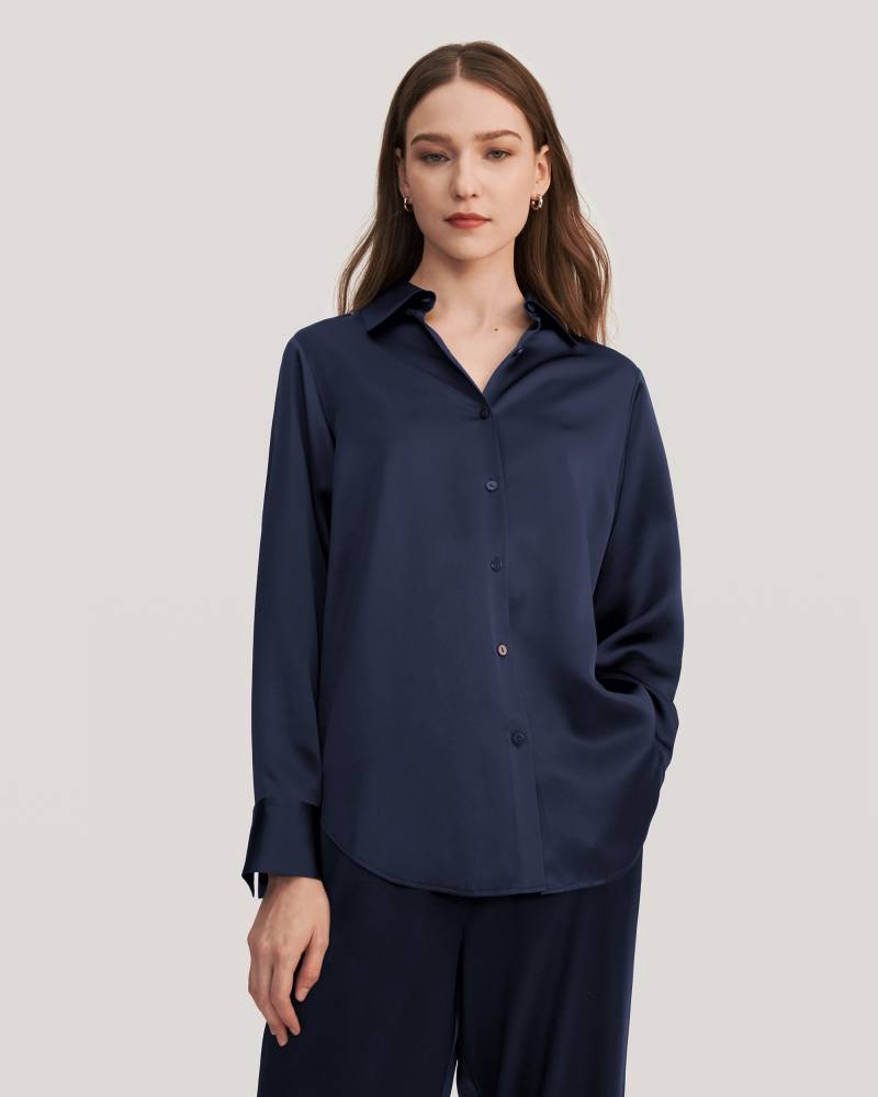 LILYSILK Seide Pyjama Damen Dunkel Blau Deutschland 100% Seide Klasse 6A Lockere Passform Leicht Und Atmungsaktiv S