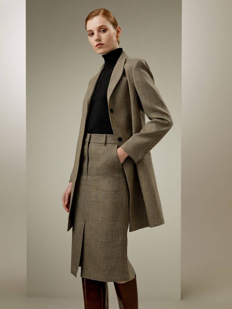 LILYSILK Seide-Wolle Langer Blazer Braungrau Deutschland Gepolsterte Schulterpartie Und Reverskragen 34