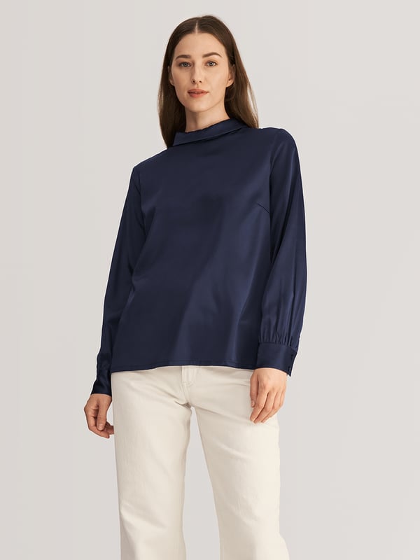 LILYSILK Seiden Bluse Damen Dunkel Blau Deutschland Mit Stehkragen Gemütlich Und Bequem M