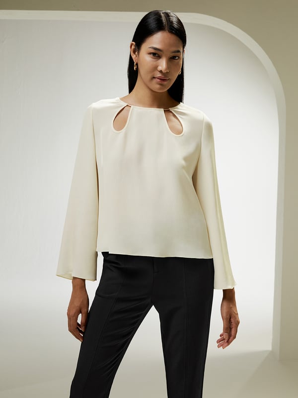 LILYSILK Seiden Bluse Damen Weiß DE Ringkragen Aus Metall Leicht Ausgestellte Ärmel Lockere Und Bequeme L