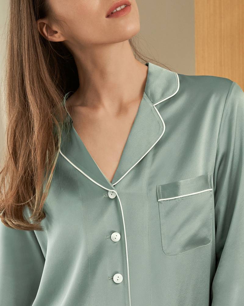LILYSILK Seiden Pyjama Damen Avocadogrün Deutschland 100% Reine Seide Mit 1 Linke Brusttasche Weich Und Gemütlich S