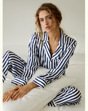 LILYSILK Seiden Pyjama Damen Wähle Eine Größe DE Waschbare Seide Klassische Streifen Langärmliges Gemütlichkeit Und Raffinesse S