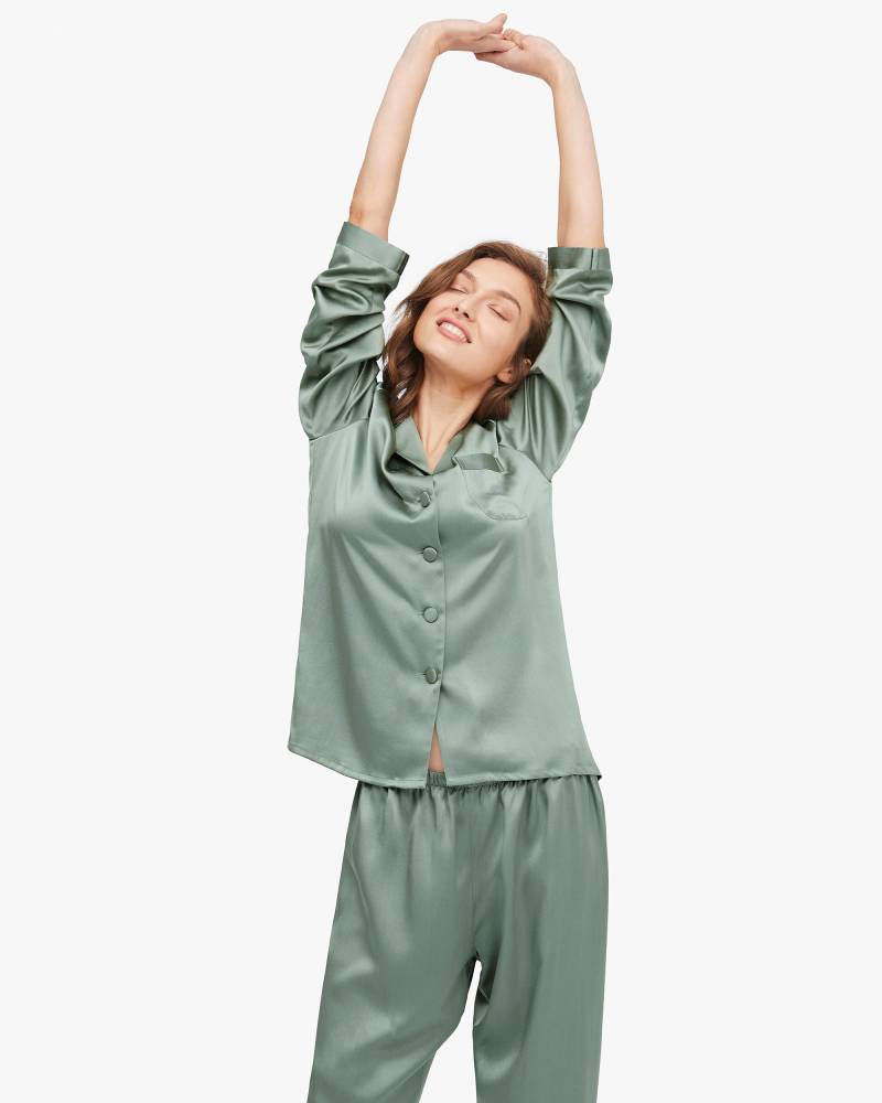 LILYSILK Seiden Pyjama Set Damen Avocadogrün Deutschland 100% Maulbeerseide Glänzend Weich Und Gemütlich XS