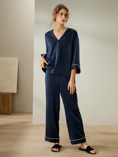 LILYSILK Seiden Pyjama Set Damen Dunkel Blau DE Mittlere Leibhöhe V-Ausschnitt Gemütlich Und Warm Weiche Und Bequeme M