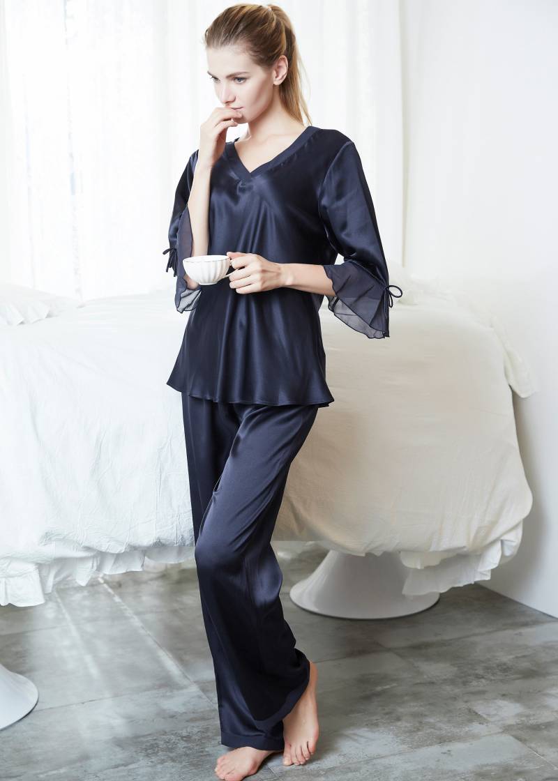 LILYSILK Seiden Pyjama Set Damen Dunkel Blau Deutschland 100% Reine Seide Mit V-Ausschnitt Weich Und Gemütlich M