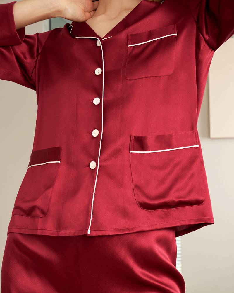 LILYSILK Seiden Pyjama Set Damen Rotwein Deutschland 100% Maulbeerseide Alle Mit Kontrast Besatz Schlicht Und Leicht M
