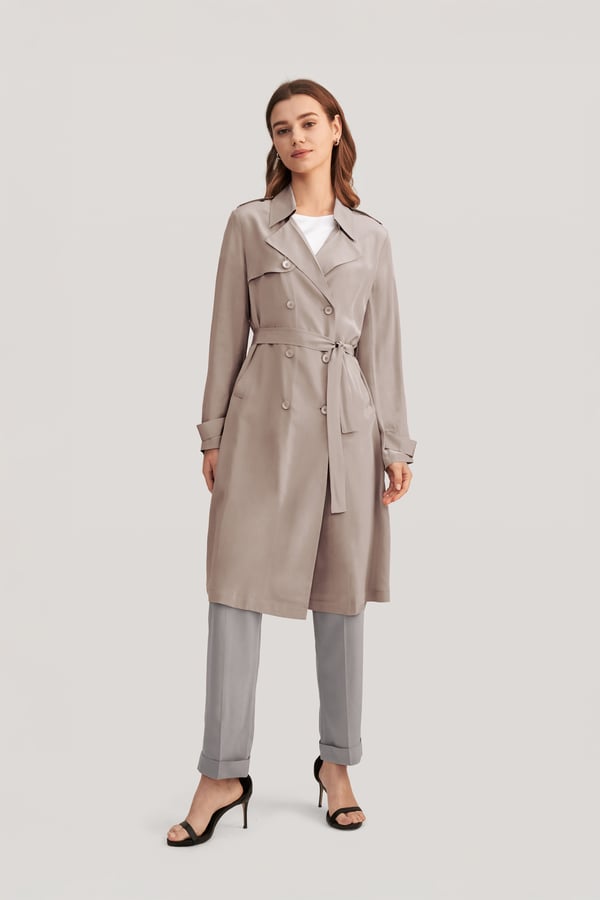 LILYSILK Seiden Trenchcoat Damen Doppelreiher Greige XS Leicht & Knitterarm LILYSILK Seiden Trenchcoat Damen Doppelreiher Greige XS Leicht & Knitterarm