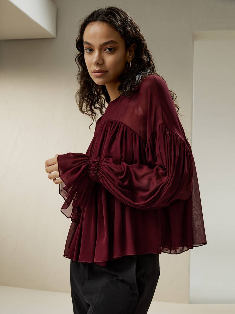 LILYSILK Seidenbluse Damen 100% Seide Mit Halbtransparenten Schultern Gemütlich & Bequem Ochsenblut XS DE