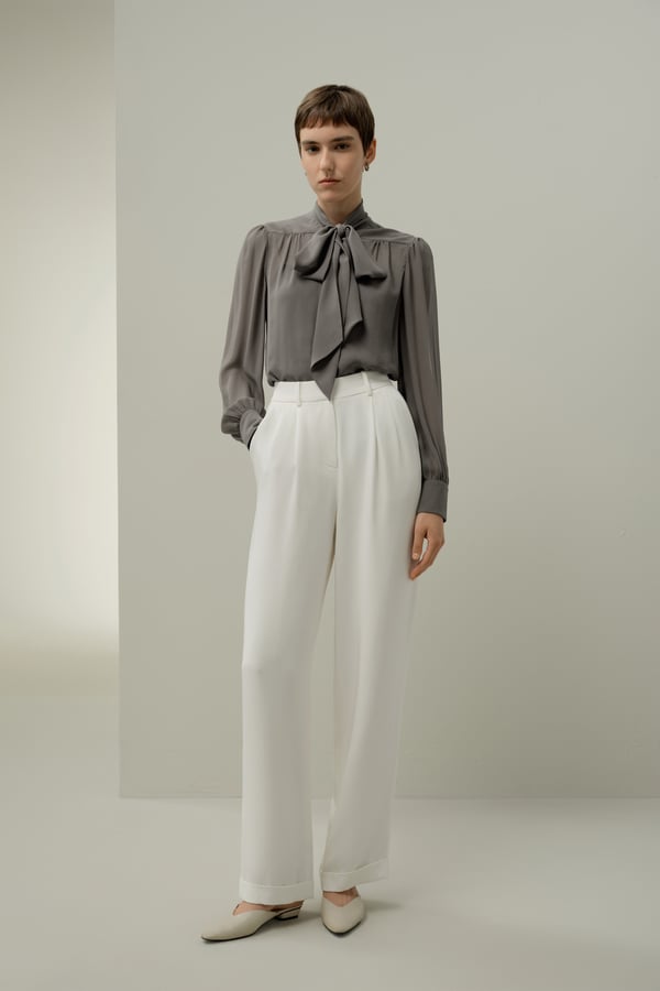 LILYSILK Seidenbluse Damen Dunkel Grau L: Elegante Georgette Seidenbluse mit Fliege, Transparent & Leicht