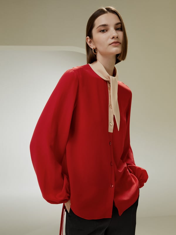 LILYSILK Seidenbluse Damen Scharlach Deutschland 100%Seide Ger?umiges Design ?rmel Mit Kordelzug 30