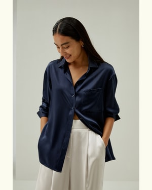 LILYSILK Seidenbluse Für Frauen Dunkel Blau DE 100% Seidencharmeuse Entspannte Passform XS