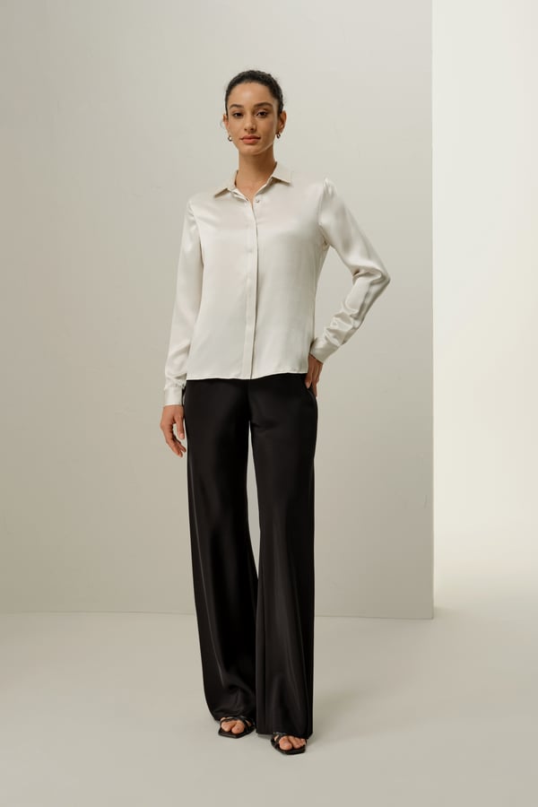 LILYSILK Seidenhemd Damen Hellgrau XSP: Elegantes Charmeuse Seidenbluse mit verdeckter Knopfleiste, glänzend & weich