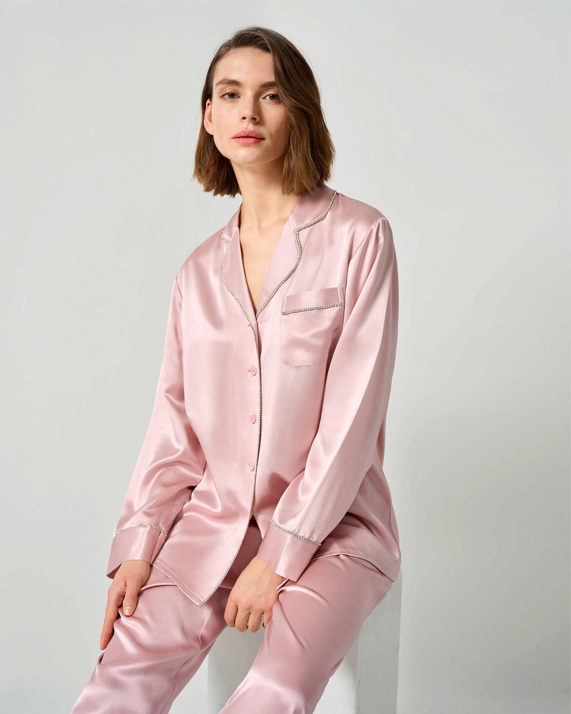 LILYSILK Strass Besetzte Damen Seide Pyjama Set Entspannte Passform 100% Maulbeerseide Der Klasse 6A Glatt Altrosa XL
