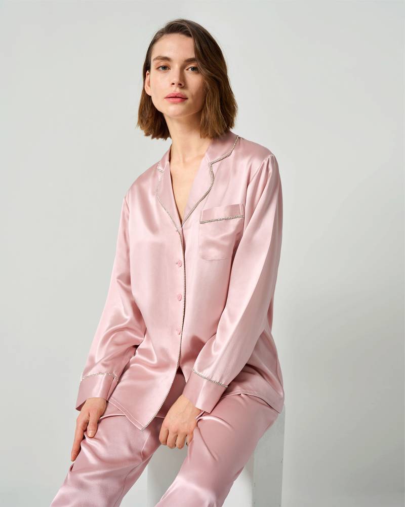 LILYSILK Strass Besetzte Damen Seide Pyjama Set Entspannte Passform 100% Maulbeerseide Der Klasse 6A Glatt Altrosa XL
