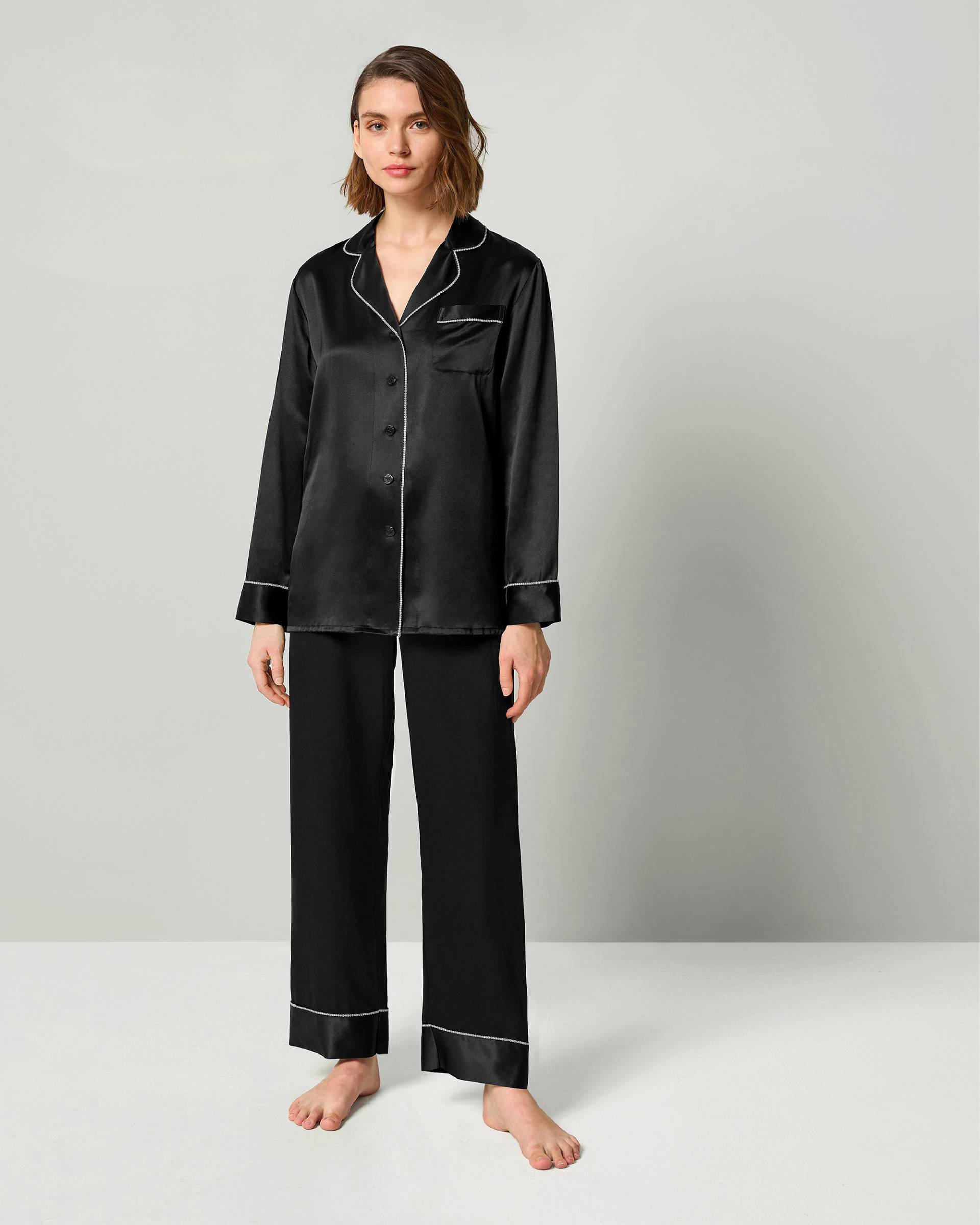 LILYSILK Strass Besetzte Seide Damen Pyjama Set Entspannte Passform Oeko-Tex-Standard 100 Glänzend Schwarz XL