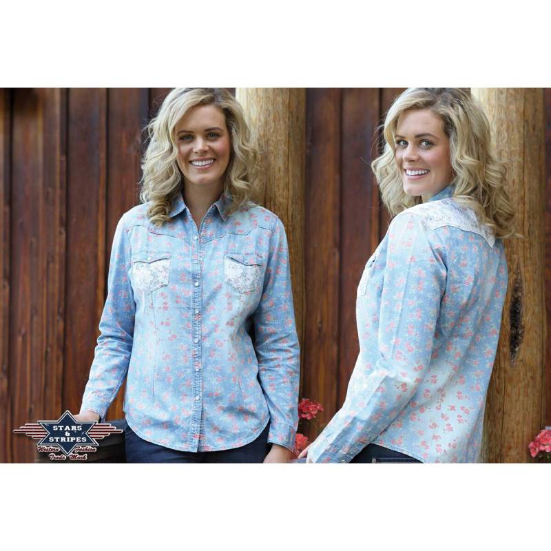 Langarm Damenbluse Jeansbluse im Westernstyle blau Blümchendruck u. Spitze von Stars & Stripes
