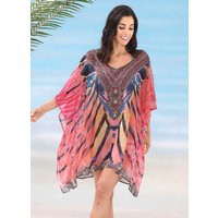 Laurina Tunika mit Schmucksteinchen, leicht transparent, Koralle-bunt, Grösse 2 (44-48)