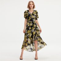 Linear Flower Print Kleid mit tiefem Saum