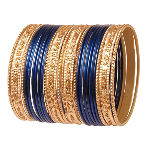 NEU! Touchstone Indische Bollywood „Colorful 2 Dozen Armreifen-Kollektion“, golden glitzernd, strukturiert, Marineblau, groß, Designer-Schmuck, besondere Armreifen, 24er-Set in Goldton für Damen. von Touchstone