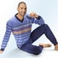 Pyjama mit V-Ausschnitt Bündchenabschüssen und platziertem Druckdessin Jeansblau-Bunt Grösse 56 jeansblau/bunt Gr. 56 Herren