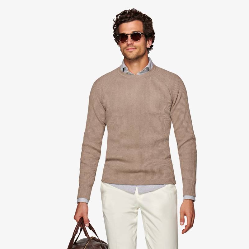 Rundhals-pullover Taupe In Ripp-strick