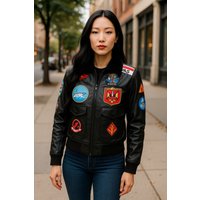 Schwarze A2 Top Gun Leder-Bomberjacke für Damen – Federn