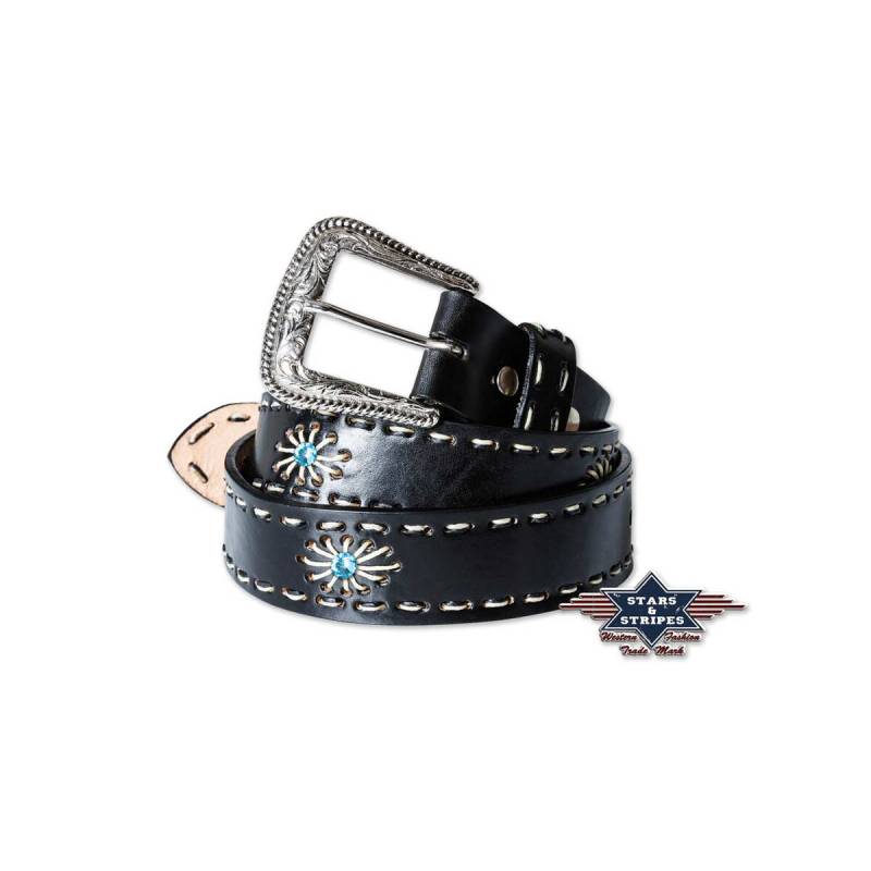 Schwarzer Damen Gürtel mit blauen Kunststeinen Rindsleder aust. Gürtelschnalle von Stars & Stripes